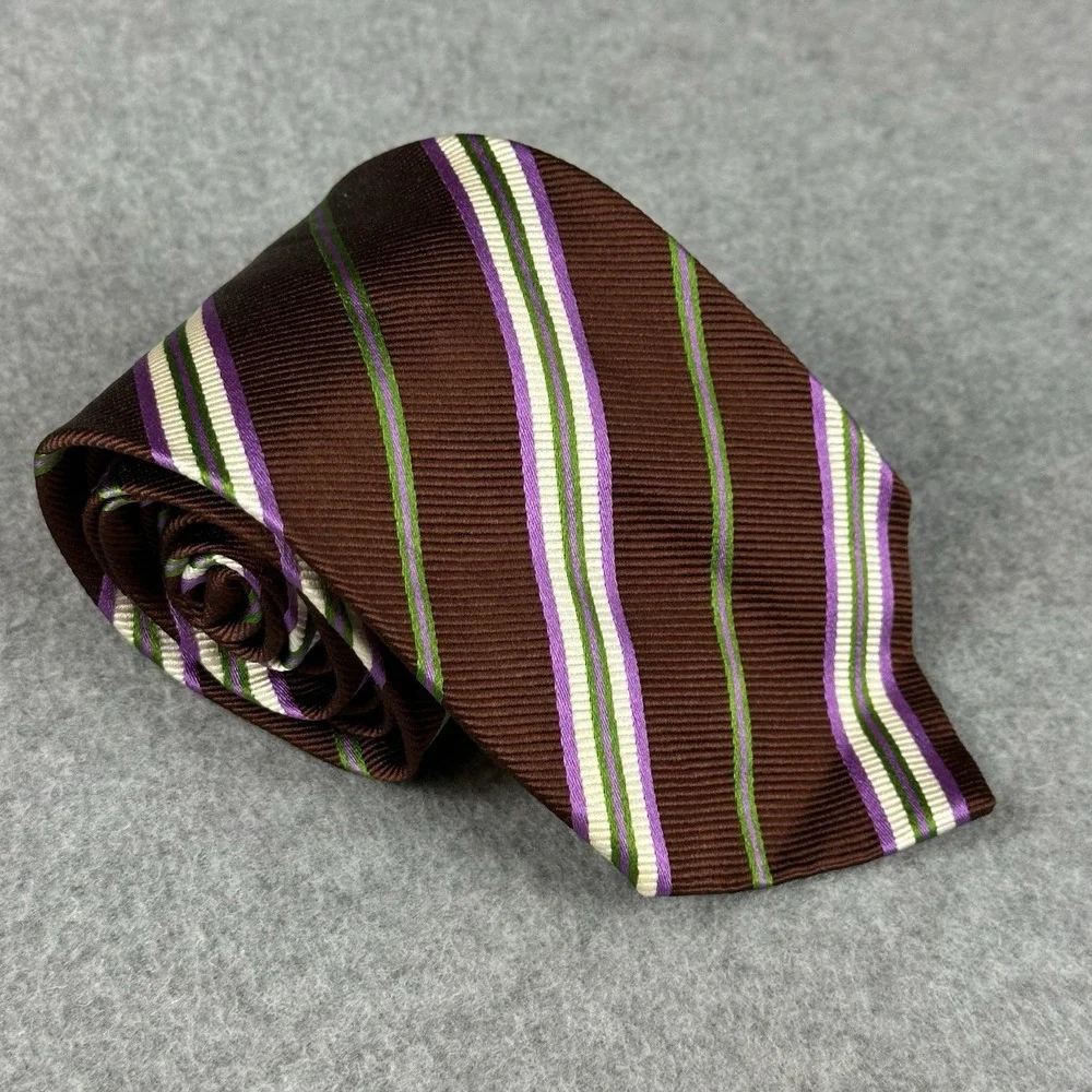 Etro Milano Italy Silk Cotton Brown Stripe Necktie Purple‎ Green 57x3.75